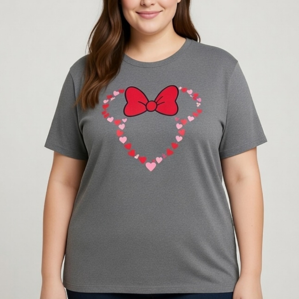 Minnie Mouse Pink Red Hearts and Bow Disney Graphic Tee Gray Size XL